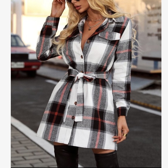 Cozy Plaid Button Up Belted Shirt Dress - Picture 3 of 6